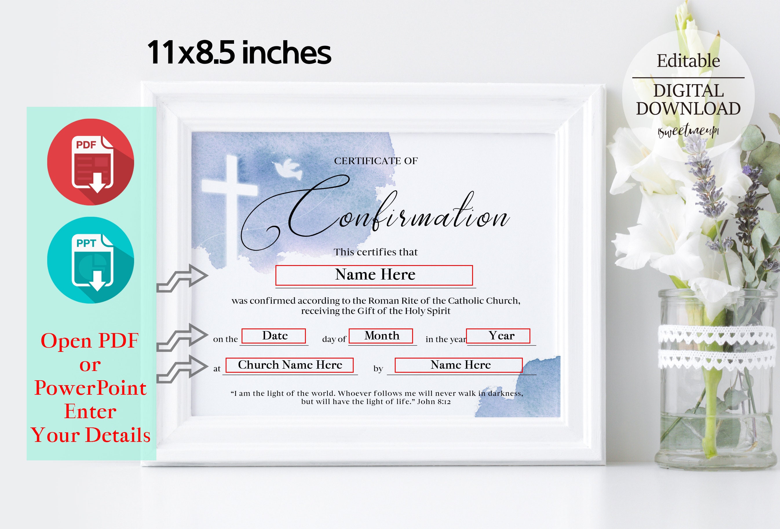 Confirmation Certificate Template, Editable Printable Confirmation