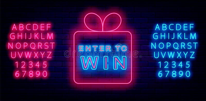 Enter To Win Neon Sign in Gift Box. Shiny Pink and Blue Alphabet. Game