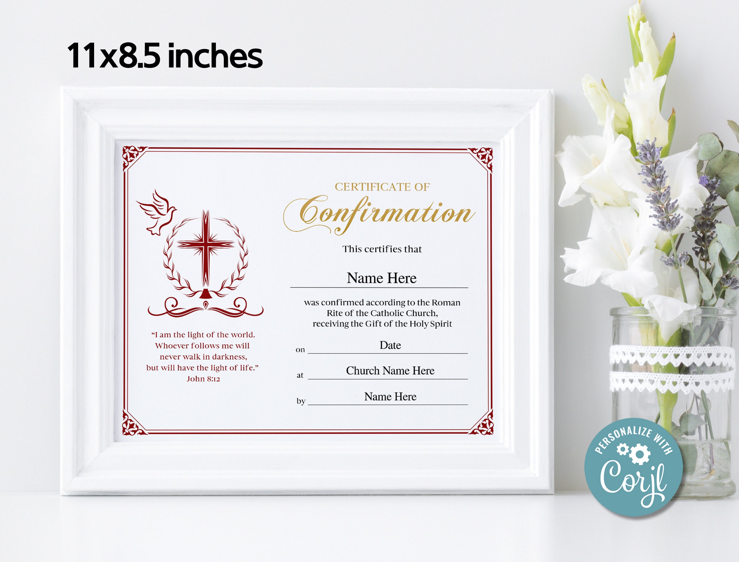 Confirmation Certificate, 11x8.5 Printable Editable Confirmation